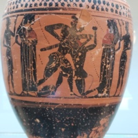 Attic Black-Figure Lekythos Depicting Theseus vs. Minotaur - Santa Venera Tomb 33, late 6th century BC.jpg